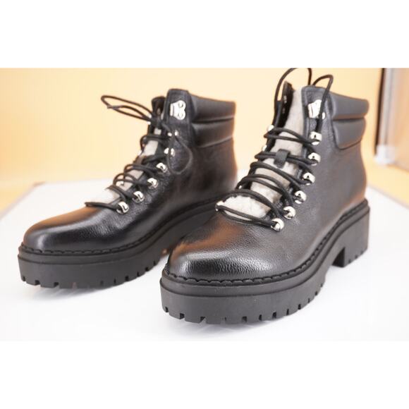 Marc Fisher Nairy Black Leather Shearling ankle boot size 7.5 biker Lugg wool - Picture 3 of 11